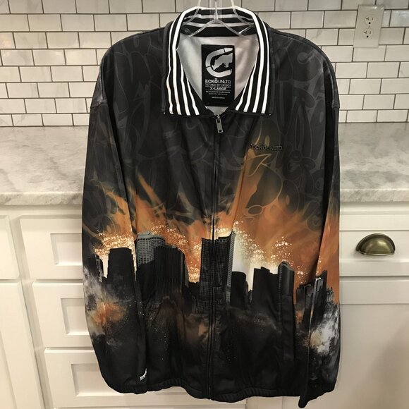 Ecko Unltd Jacket Mens XL Cityscape Graphic Full Zip Hip Hop Urban Polyester - Picture 1 of 8